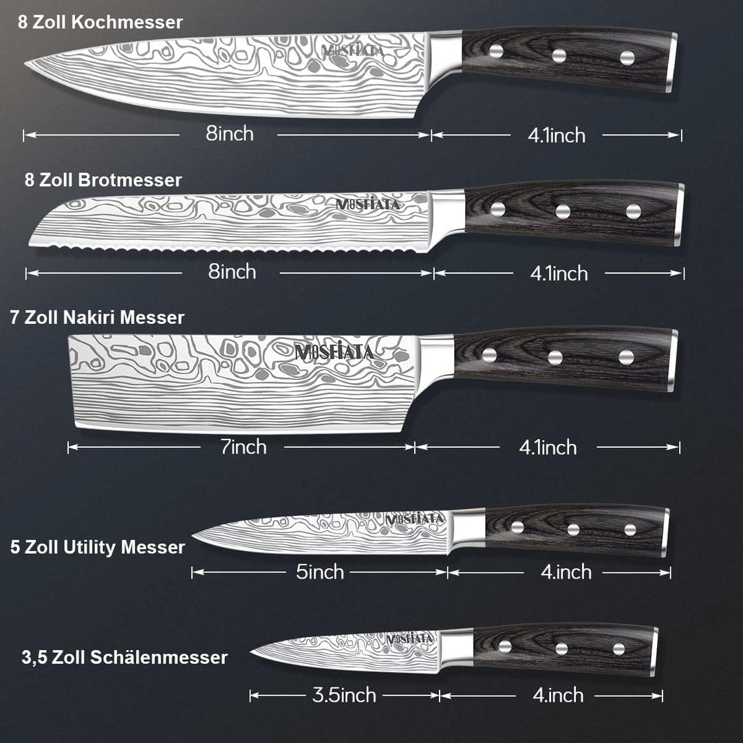 MOSFiATA Küchenmesser Set 5pcs, Kochmesser aus Hochwertigem Carbon Edelstahl, 7 "Nakiri -Messer, 5"