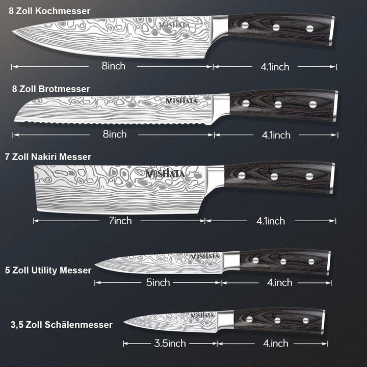 MOSFiATA Küchenmesser Set 5pcs, Kochmesser aus Hochwertigem Carbon Edelstahl, 7 "Nakiri -Messer, 5"