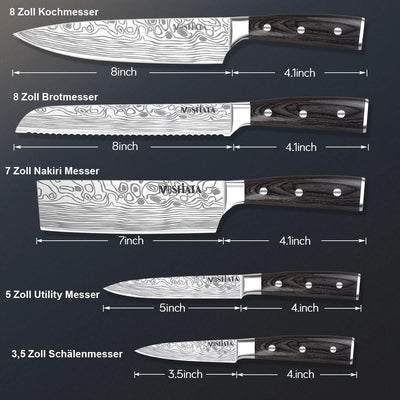 MOSFiATA Küchenmesser Set 5pcs, Kochmesser aus Hochwertigem Carbon Edelstahl, 7 "Nakiri -Messer, 5"