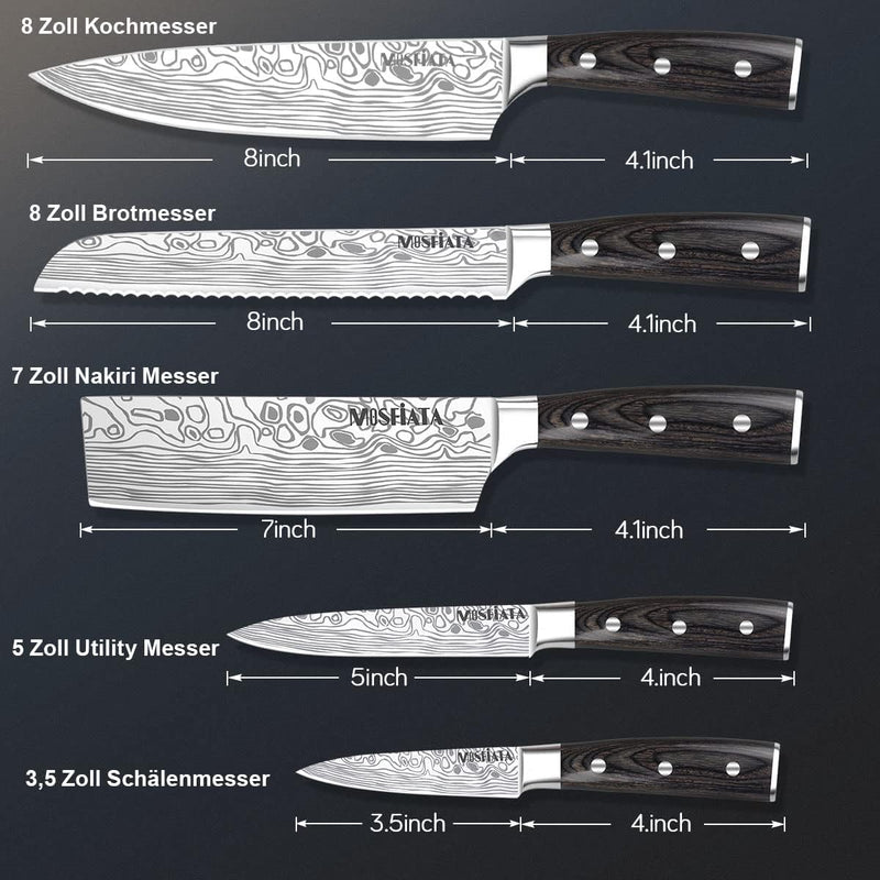 MOSFiATA Küchenmesser Set 5pcs, Kochmesser aus Hochwertigem Carbon Edelstahl, 7 "Nakiri -Messer, 5"
