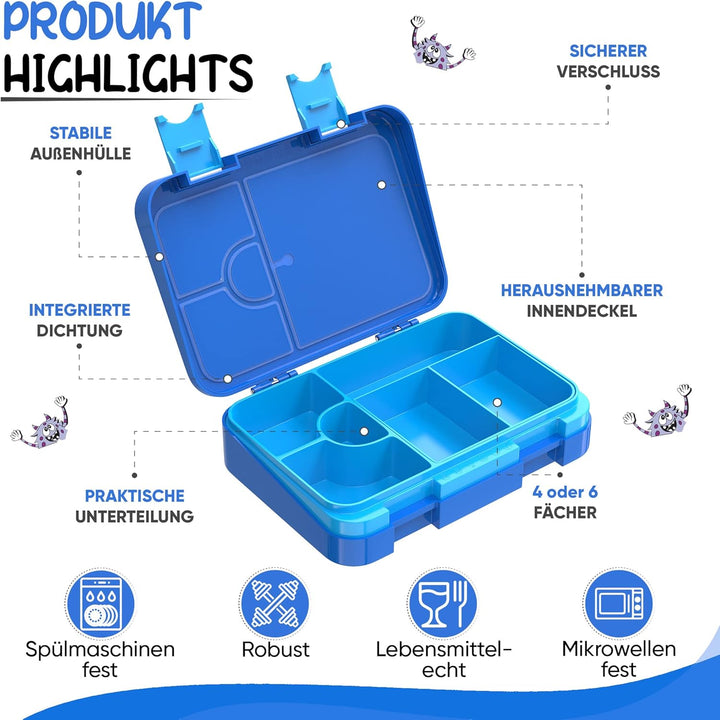 TAKWAY Brotdose Kinder mit Fächern 4+2 - robust & kinderfreundlich - Bento Box Lunchbox für KiTa Sch