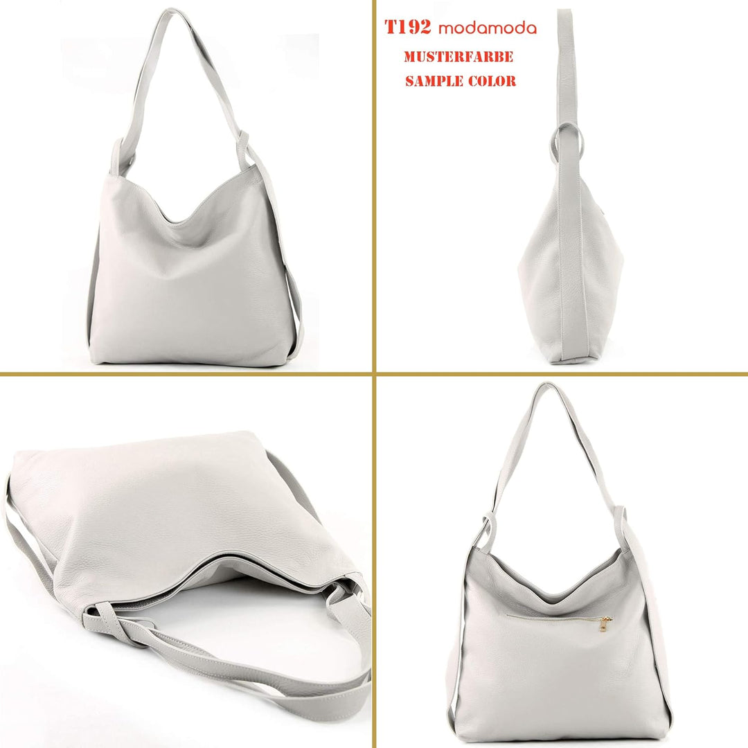 modamoda de - T192 - ital. Damen Rucksacktasche 2in1 aus Leder Creme, Creme