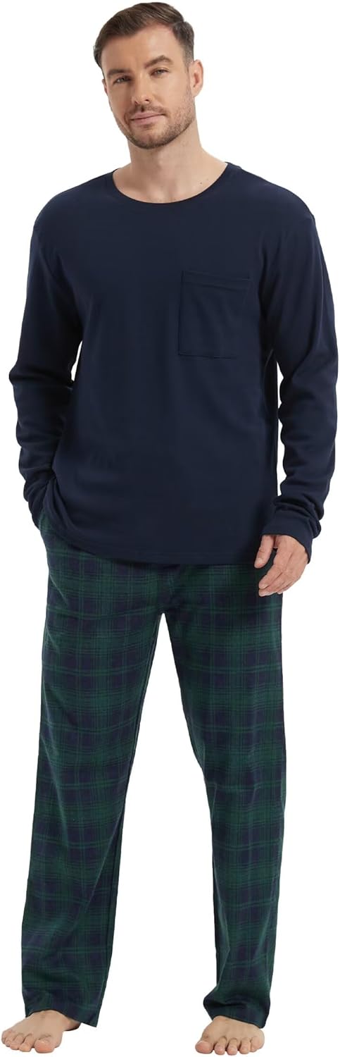 GLOBAL Herren Schlafanzüge Flanell Herren Pyjama Set Baumwolle Langarm-Pullover Oberteil und elastis