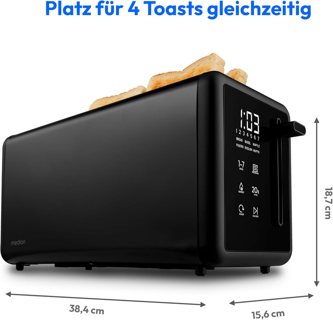 MEDION Toaster 4 Scheiben mit Brötchenaufsatz (7 Bräunungsstufen, 5 Automatikprogramme, 1.450 Watt,