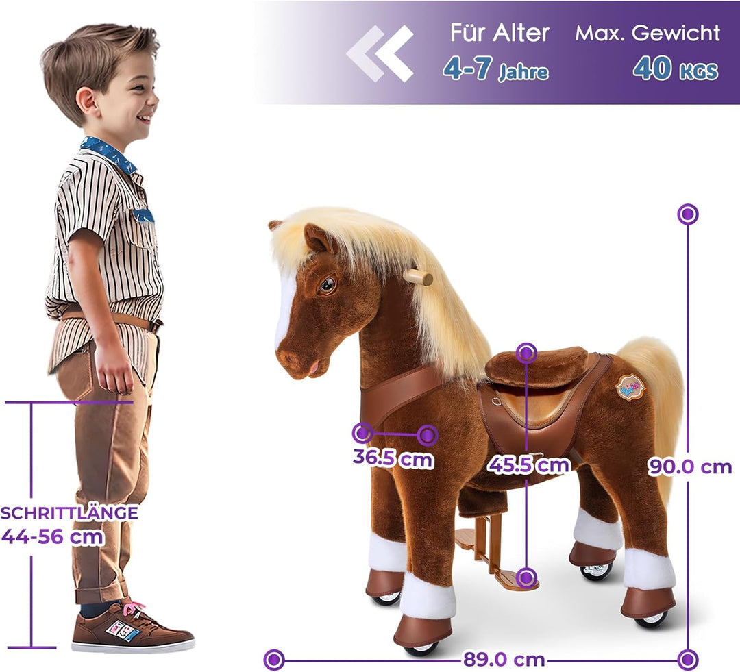PonyCycle Simulation Pferd Spielzeug für Kinder 4–7 Jahre, Braun Reitspielzeug mit Räder, Modell Y H