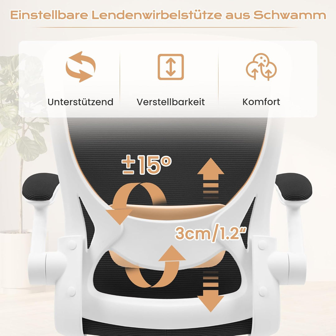 KERDOM Bürostuhl, Ergonomischer Schreibtischstuhl mit Klappbaren Armlehnen, 360° Drehstuhl Mesh Comp