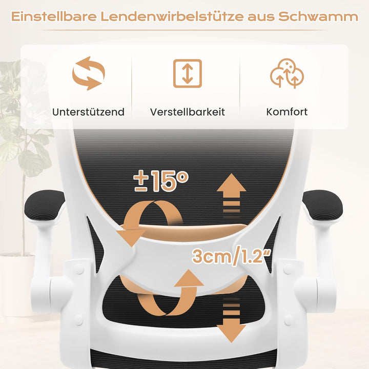 KERDOM Bürostuhl, Ergonomischer Schreibtischstuhl mit Klappbaren Armlehnen, 360° Drehstuhl Mesh Comp