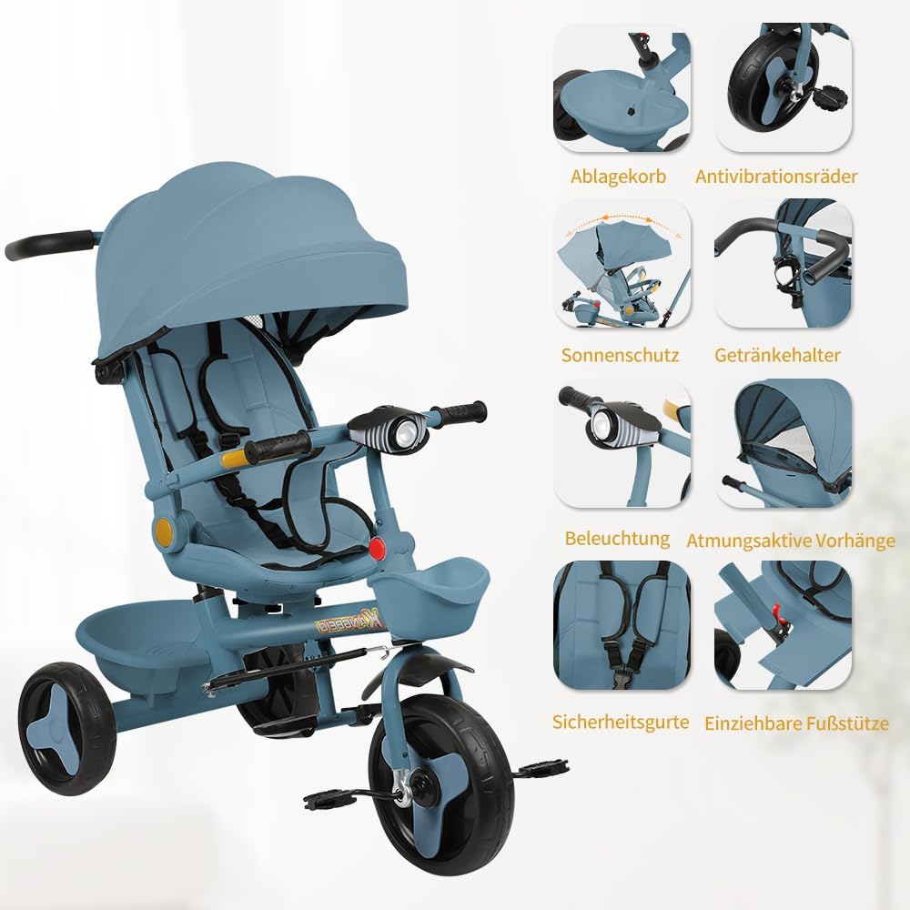 Multi-Funktions-Kinderdreirad, Dreirad 5 in1, Kleinkind-Dreiräder-Kinderwagen, mit Verstellbarem Sch