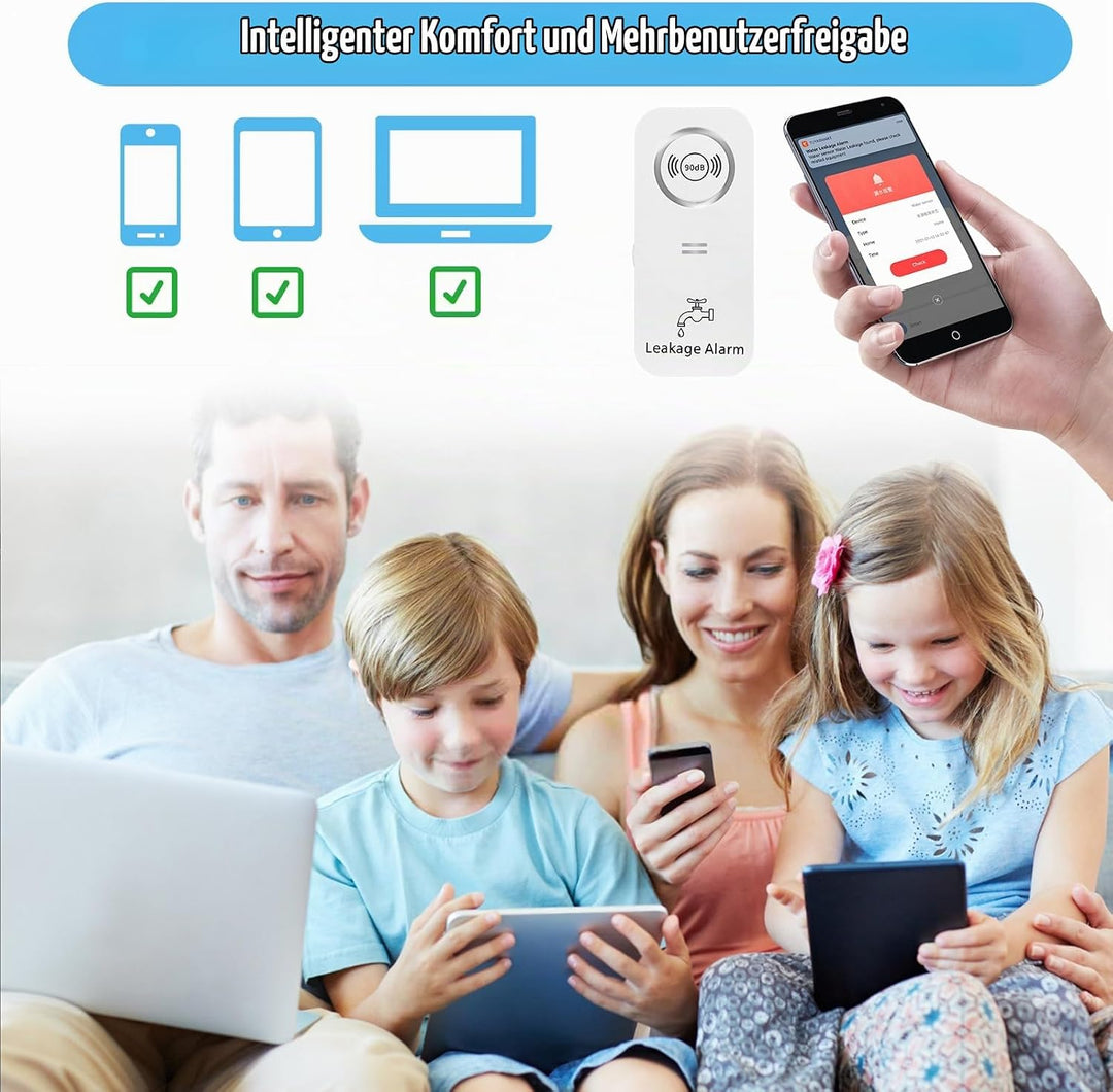 Wassermelder WLAN (2,4 G WiFi), 90 dB WiFi Wassermelder Wasseralarm und App Alarm, Wassersensor Alar