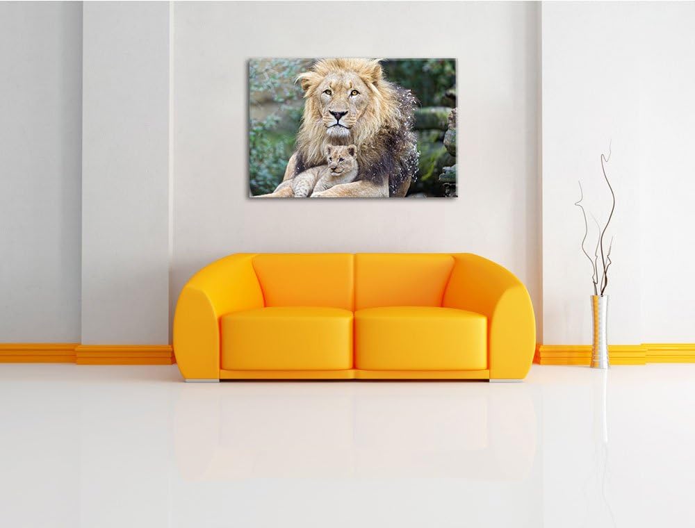 Pixxprint Löwe kuschelt mit Jungtier auf Leinwand, XXL riesige Bilder fertig gerahmt mit Keilrahmen,
