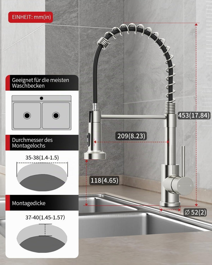 Rainsworth Wasserhahn Küche Edelstahl Herausziehbare - Zwei Wasserstrahlarten Hochdruck Küchenarmatu