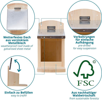 valuents Eichhörnchen Futterhaus mit Klappe – Futterstation – wetterfest aus Kiefernholz mit Zinkdac