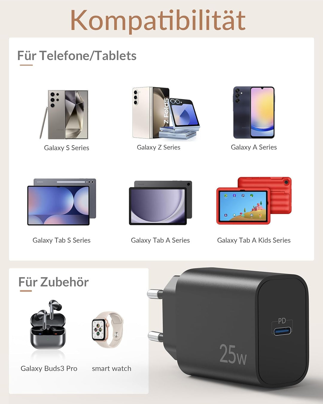 ARCCRA 25W USB C Ladegerät mit USBC Schnellladekabel 2M für Samsung Galaxy S25 S26 S24 S23 S22 S21 U