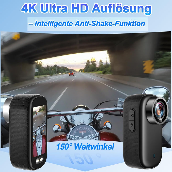 Mini Action Cam WiFi mit Bildschirm, 4K UHD & 150° Weitwinkel IP65 wasserdichte Bodycam 4K 64GB, Tra
