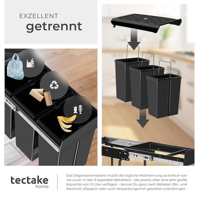 tectake® Abfallsammler, Mülleimer 3 Fächer, Mülltrennsystem Küche, für Schrank, Mülleimer Küche ausz