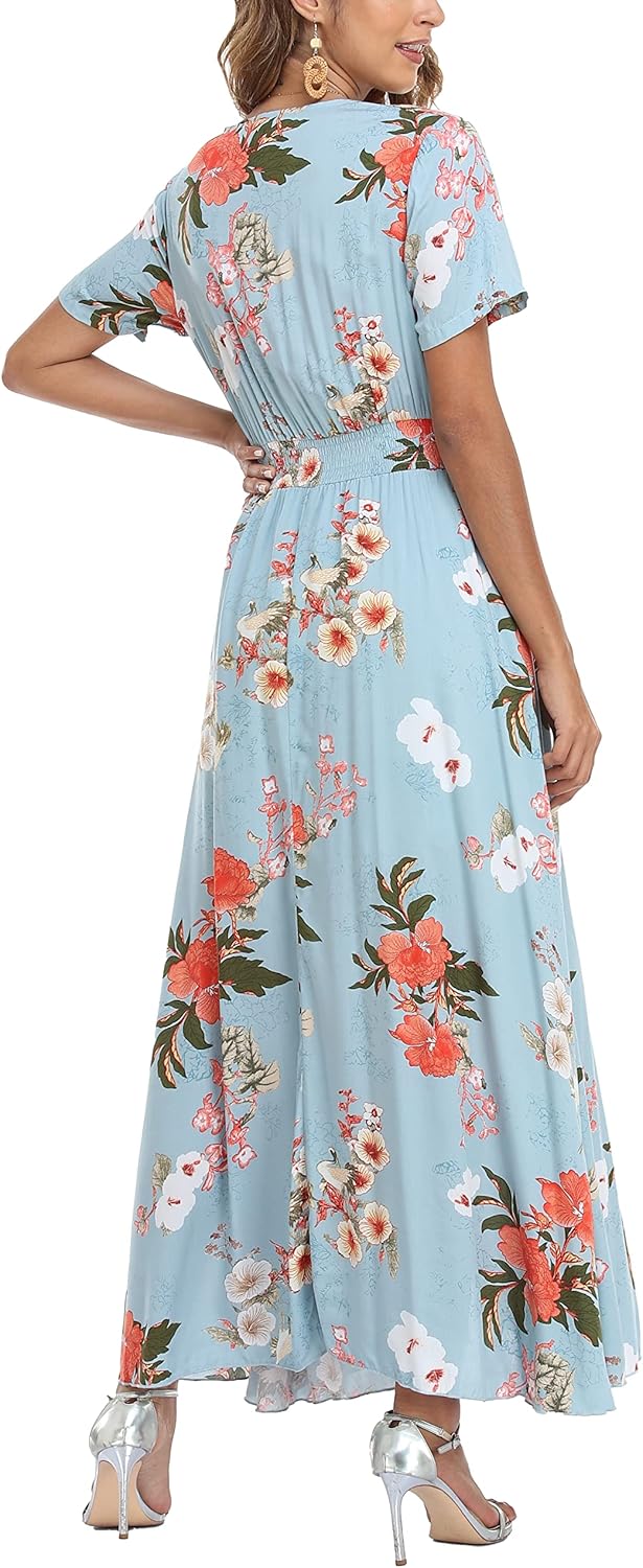 VOGMATE Damen Lange Split Knopf Up Sommer Maxikleid Floral Strandwear Holidy Kleid Hohe Taille mit k