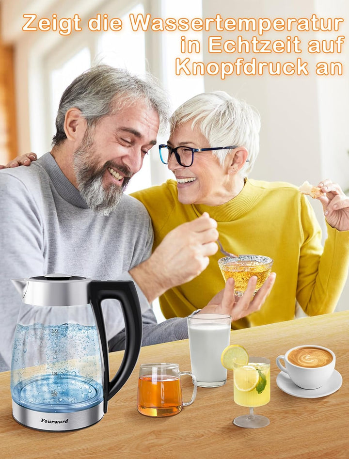 Fourward Wasserkocher – 2.0L 2200Wall Glas Kettle mit Temperaturwahl, BPA frei, Digitale Temperatura
