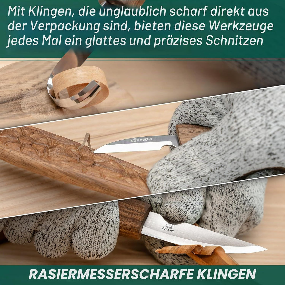 BeaverCraft Deluxe S13X Holzschnitzmesser-Set zum Holzschnitzen 3 Messer in einer Ledertasche mit Po