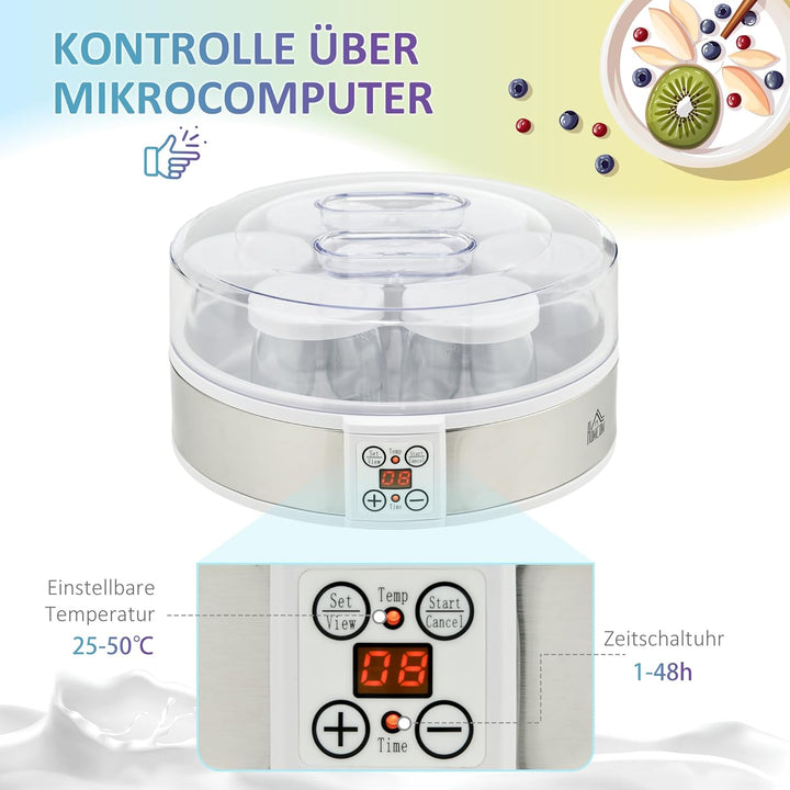 HOMCOM Joghurtbereiter Griechische Joghurtmaschine mit Deckel, 7 BPA-freier Glas-Innenbehälter à 180