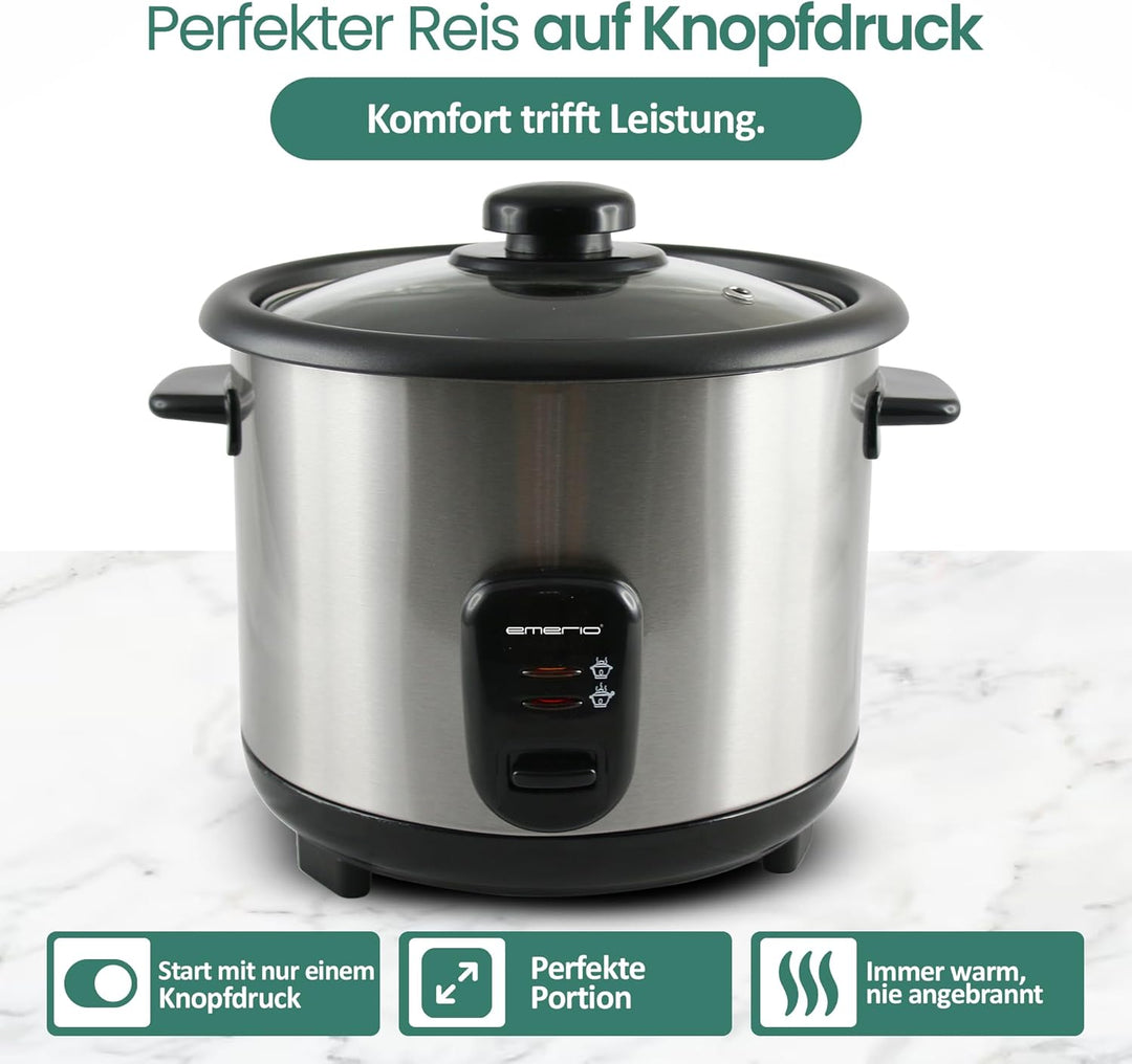 Emerio automatischer Eco Reiskocher, BPA frei, mit 1.5L Volumen, Warmhaltefunktion, Auto Off, Antiha