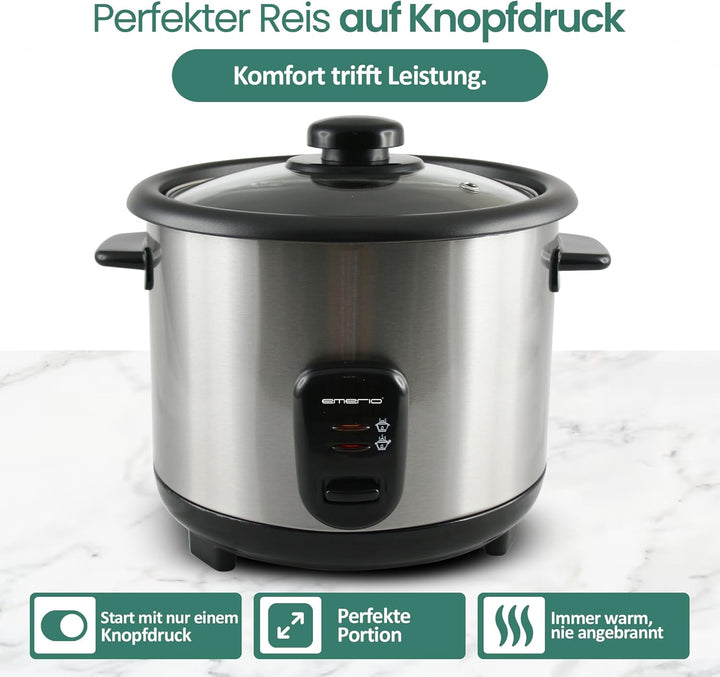 Emerio automatischer Eco Reiskocher, BPA frei, mit 1.5L Volumen, Warmhaltefunktion, Auto Off, Antiha