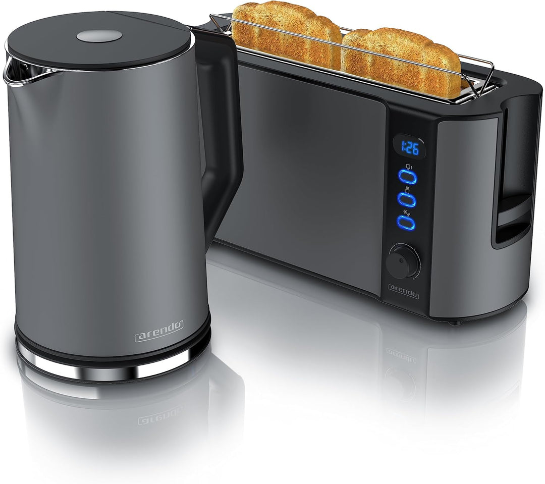 Arendo - Wasserkocher und Toaster im SET Edelstahl Cool Grey, Wasserkocher 1,5L 40°-100°C Warmhaltef