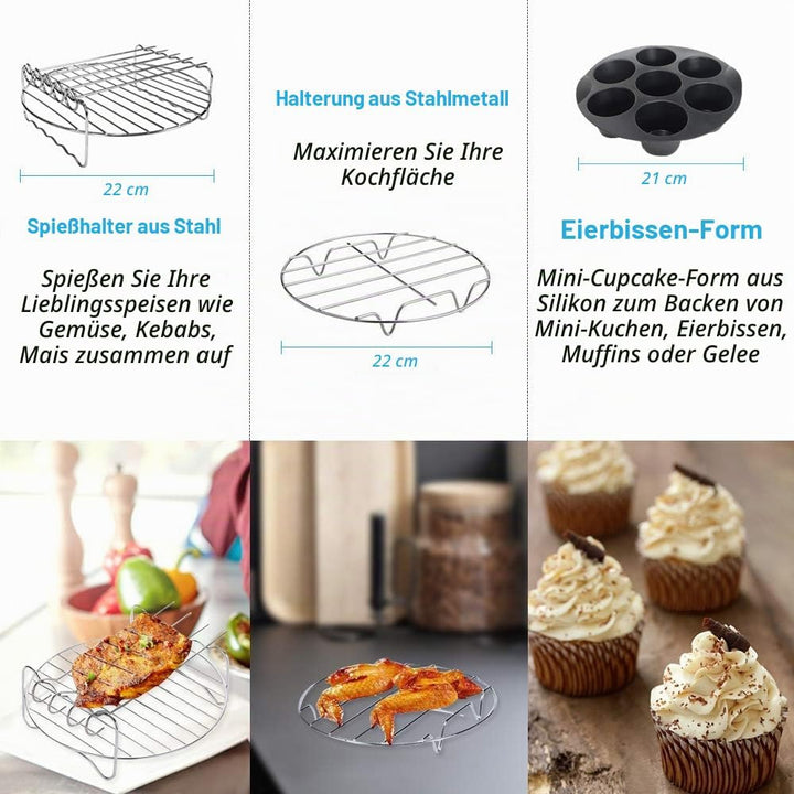 22CM Heissluftfritteuse Zubehör XL 7 Stück mit Cupcake-Pfanne, Pizzapfanne, Silikon-Backbecher, Reze