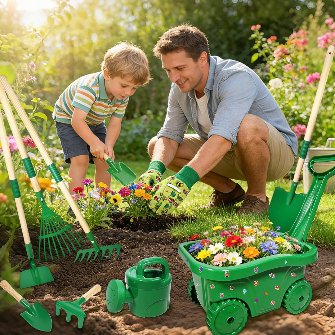 Schubkarre für Kinder, 13 Gartenwerkzeug Set für Kinder, Gartenset mit Schubkarre Kind, Kinderschubk