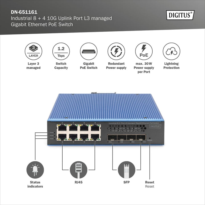 DIGITUS Industrial 8 + 4 10G Uplink Port L3 managed Gigabit Ethernet PoE Switch 8-Port + 4x Uplink S