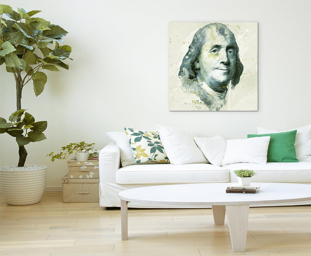 Benjamin Franklin Aqua 60x60cm - Splash Art Paul Sinus Wandbild auf Leinwand - Malerei, Kunstbild, A