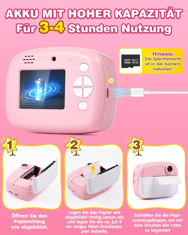 Kinderkamera, 48MP 1080P Sofortbildkamera Kinder Kamera Sofortdruck mit 32GB Karte &amp; 4 Rollen Fotos