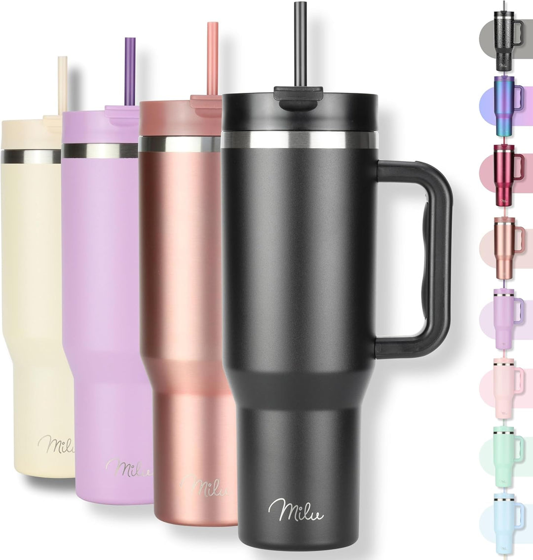Milu Thermobecher 1200ml mit Strohhalm und Henkel – 48h Eis/24h kalt/12h heiss Edelstahl Tumbler 40o