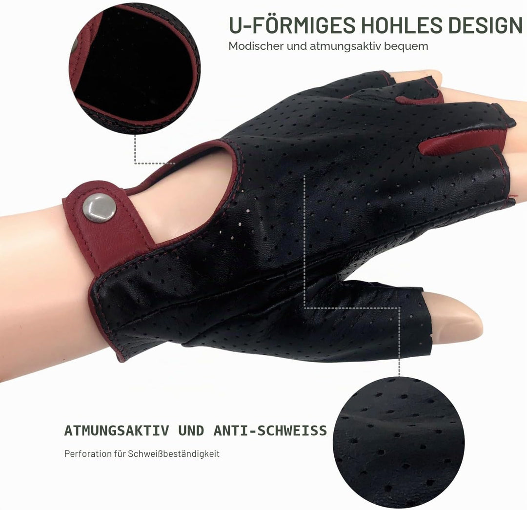 ZLUXURQ Herren-Lederhandschuhe Vollmaschige Fingerlose Halbfinger-Fahrhandschuhe Large-9.5" Schwarz