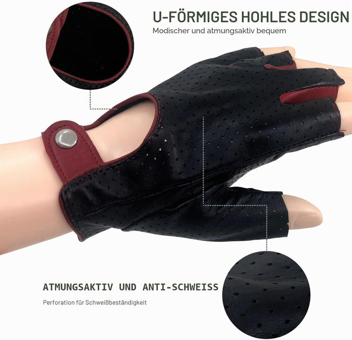 ZLUXURQ Herren-Lederhandschuhe Vollmaschige Fingerlose Halbfinger-Fahrhandschuhe Large-9.5" Schwarz