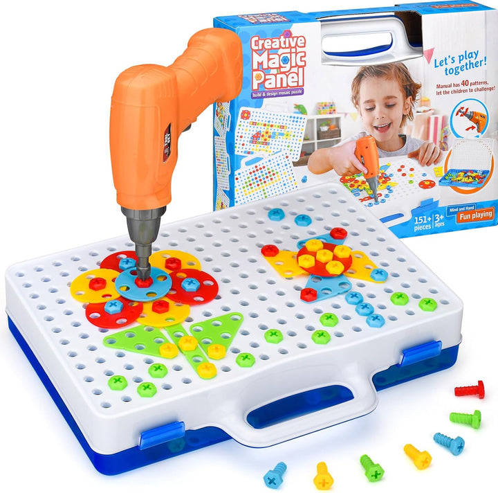 SHAWE Spielzeug ab 3 Jahre Mosaik Steckspiel Werkzeugbox mit Elektrische Spielzeug Bohrmaschine Mont