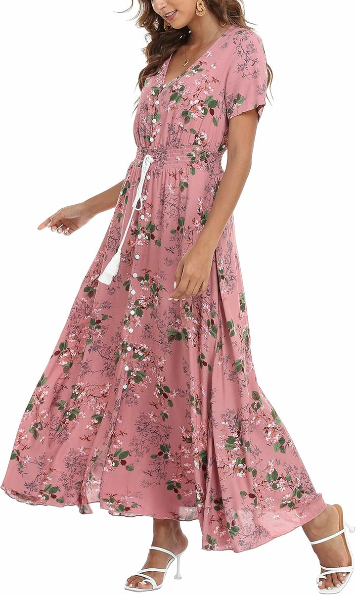 VOGMATE Damen Lange Split Knopf Up Sommer Maxikleid Floral Strandwear Holidy Kleid Hohe Taille mit k