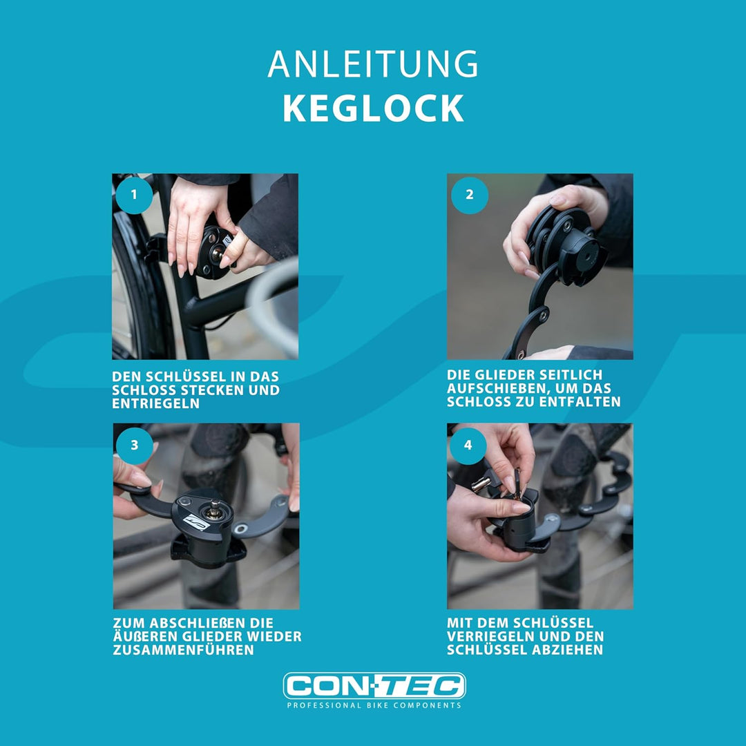 CONTEC Fahrrad Falt-Schloss KegLock, robuster Spezial-Stahl, 60 cm mit Halterung am Rahmen, Schlüsse