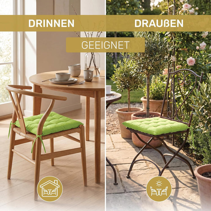 Lavea® Sitzkissen 40x40 cm Lindgrün – 4er Set – mit Stoffbändern, Outdoor &amp; Indoor geeignet – Bequem