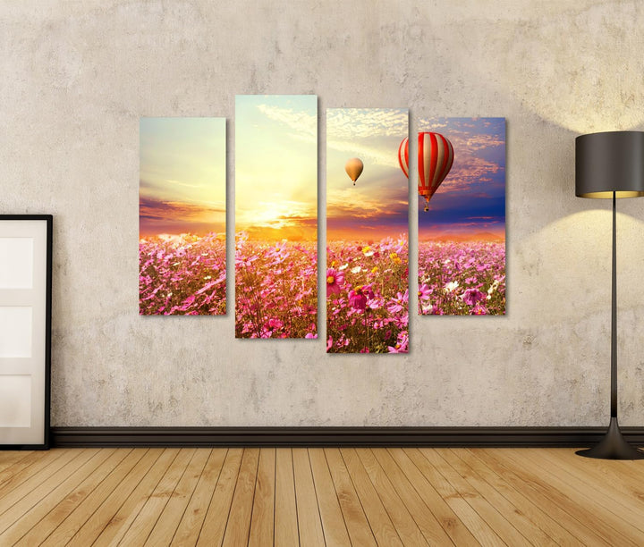islandburner Bild auf Leinwand Landschaft Kosmosblumenfeld Und Heissluftballon Bei Sonnenuntergang V