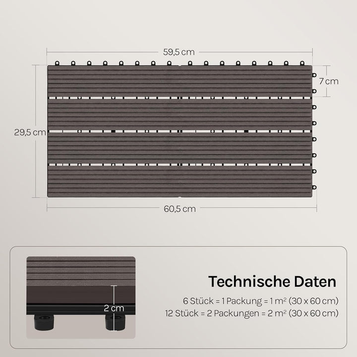 WOLTU WPC Terrassenfliesen Terrassendielen Holz-Optik 30x60cm, Fliese Bodenfliese Klickfliese mit kl