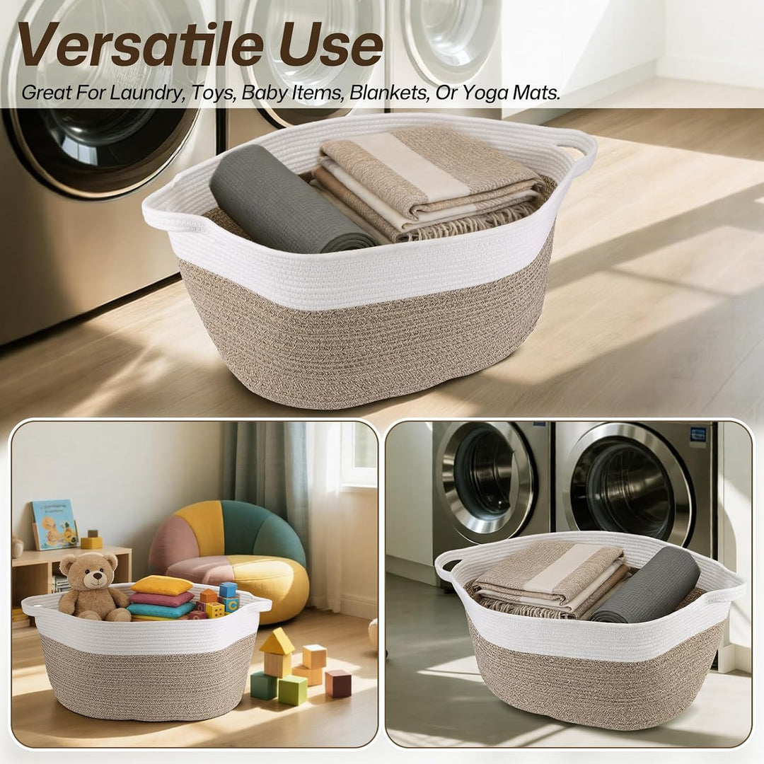 60L 53 x 38 x 29 cm Grosser Geflochtener Wäschekorb, Baumwollseil-Material, Stabil mit Lederhenkeln,