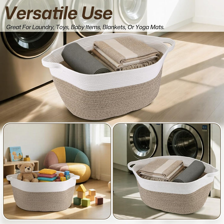 60L 53 x 38 x 29 cm Grosser Geflochtener Wäschekorb, Baumwollseil-Material, Stabil mit Lederhenkeln,