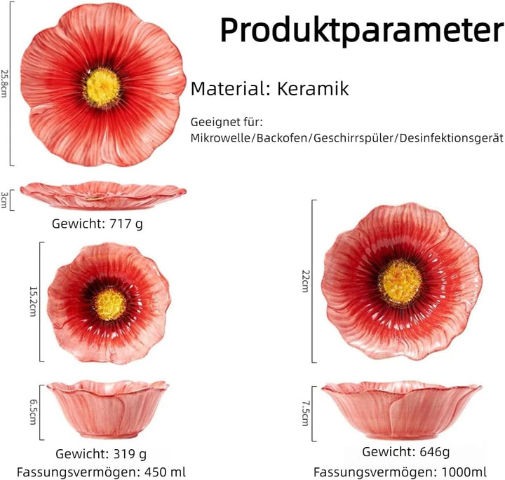 Blumen Geschirrset 3-tlg Klatschmohn Design - Spülmaschinenfeste Keramikschalen (15/22/26cm) - Ofen-