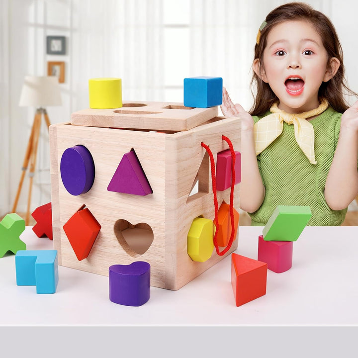 Shape Sorter Spielzeug mit 19 Shape Blocks, Shape Sorting Cube Toy Box klassisches Holzspielzeug für
