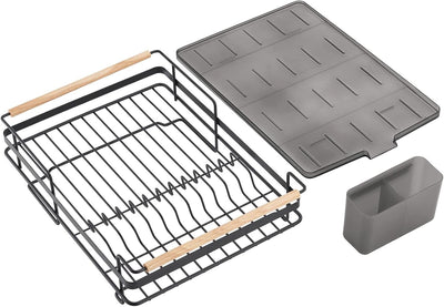 mDesign Abtropfgestell aus Metall mit Holzgriffen – Geschirrabtropfgitter mit Besteckfach und Auffan