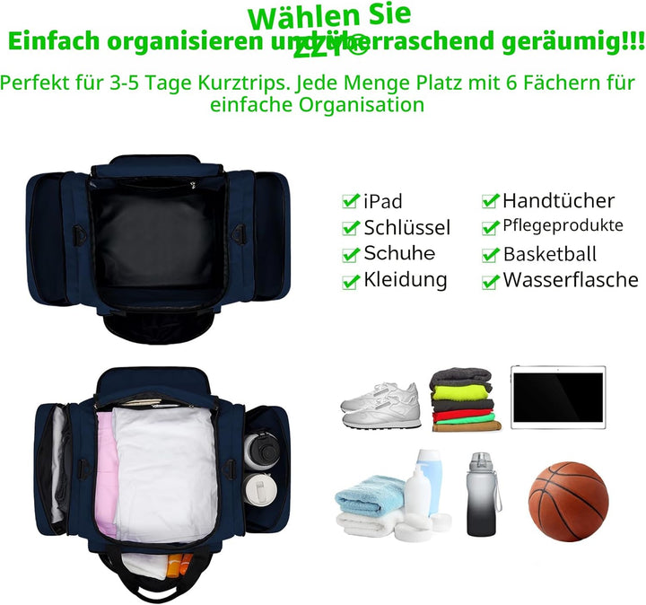 Sporttasche Reisetasche Fitness Tasche mit Schultergurt Wochenendtasche für Damen und Herren (Blau,