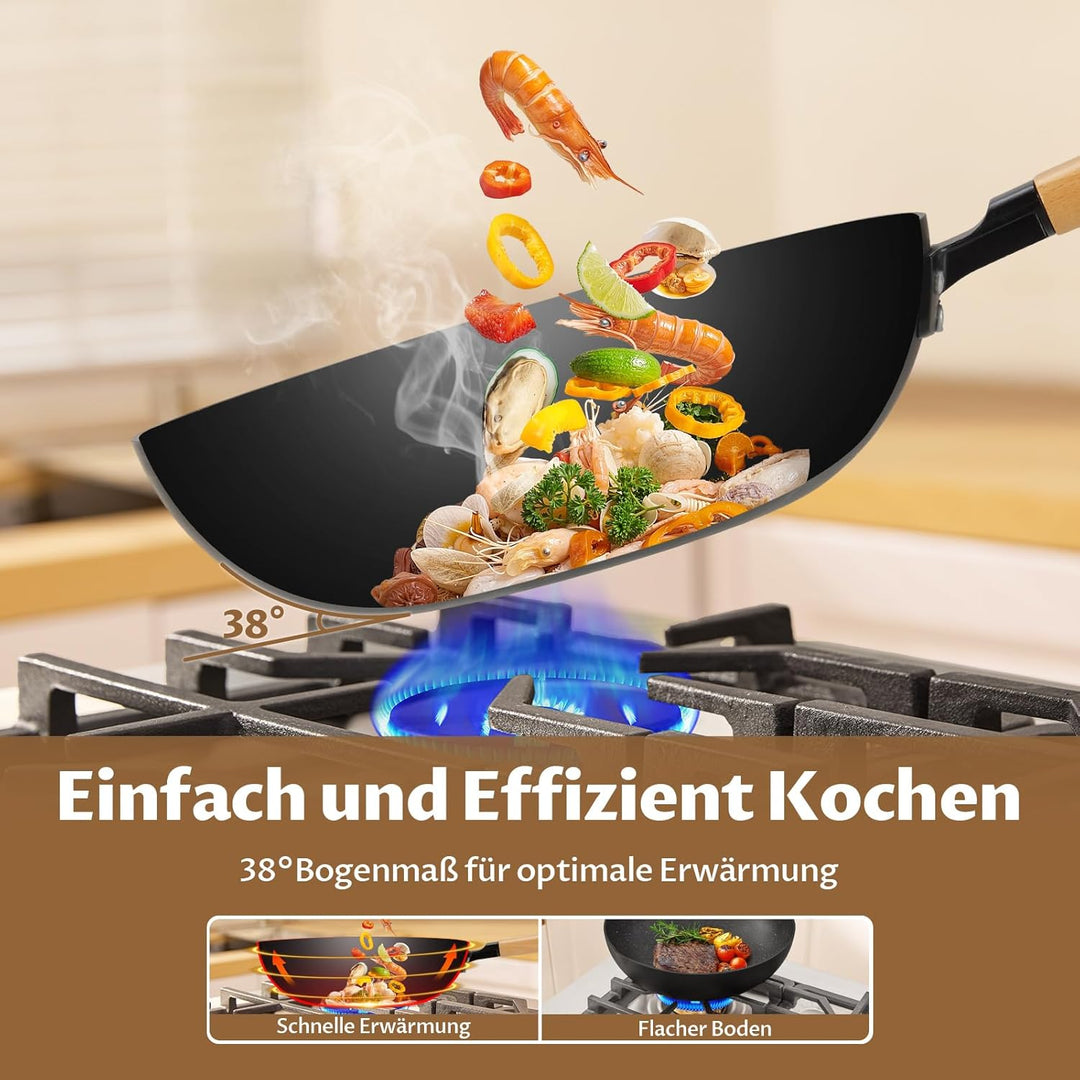 BEZIA Induktions Wok Pfanne mit Deckel, Antihaft-Wokpfanne 30 cm, Wok zum Braten mit Holzgriff, flac