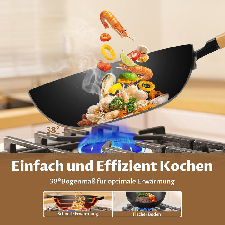 BEZIA Induktions Wok Pfanne mit Deckel, Antihaft-Wokpfanne 30 cm, Wok zum Braten mit Holzgriff, flac