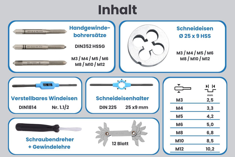 GSR PROFI 32 teilig Gewindeschneider Set metrisch M3 bis M12 HSSG | Handgewindebohrer, Gewindeschnei