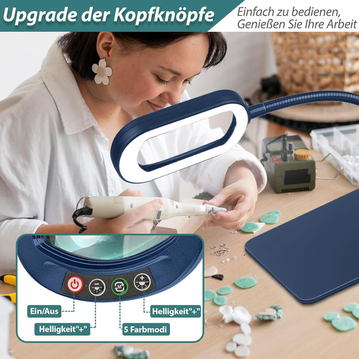 Drdefi 10X Rectangle Lupe mit Licht und Ständer, Echtes Glas Lupenlampe, 5 Farbmodi Stufenlos Dimmba